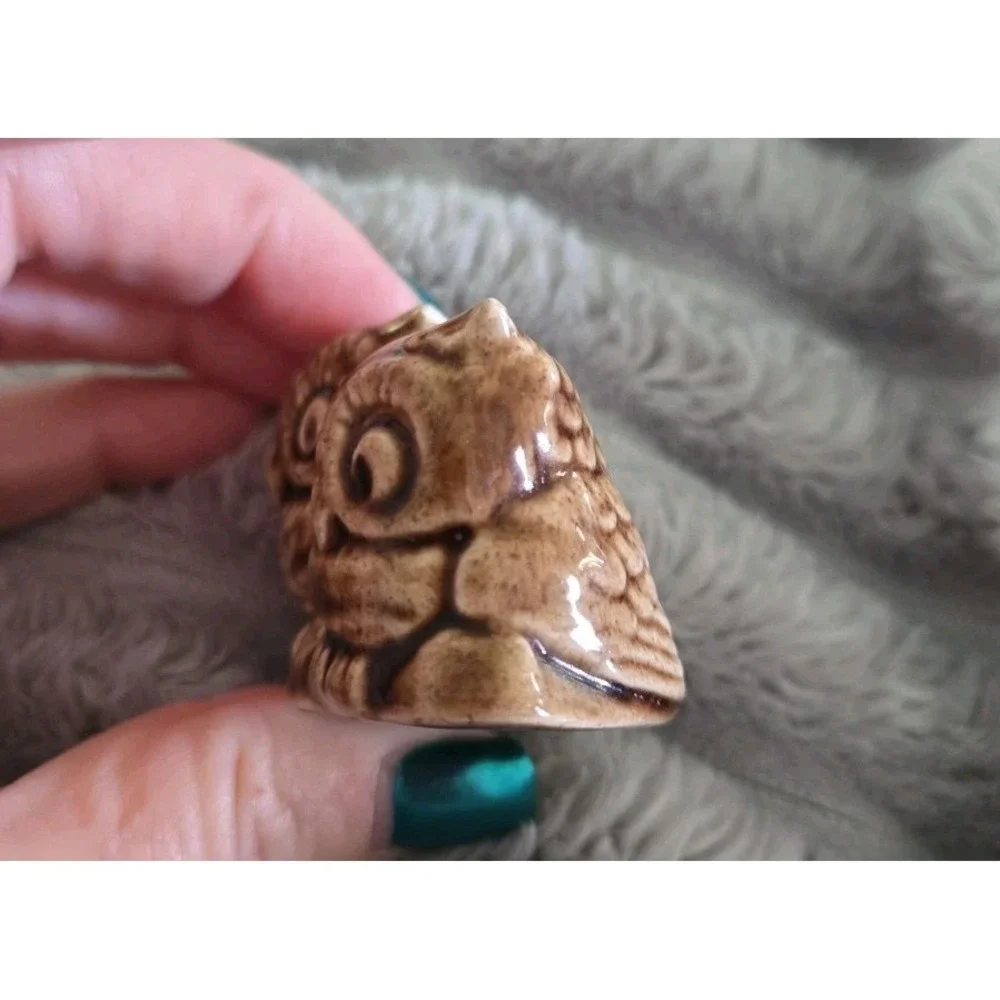 Miniature Owl Figurine Owl Pair Carved detail Ceramic 1.5